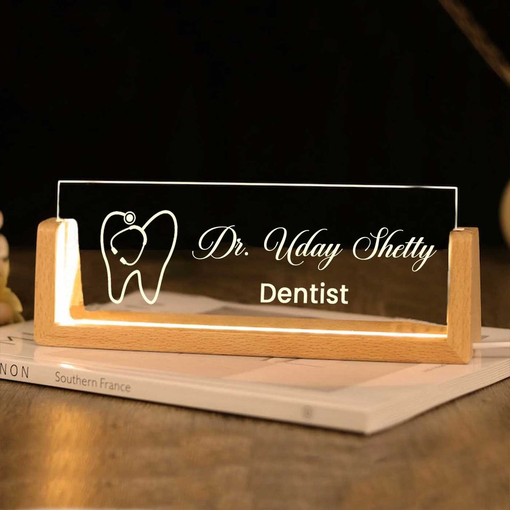 Personalized Dentist Sleek Glass Desk Nameplate With Led Light - Front View on Wooden Base Display