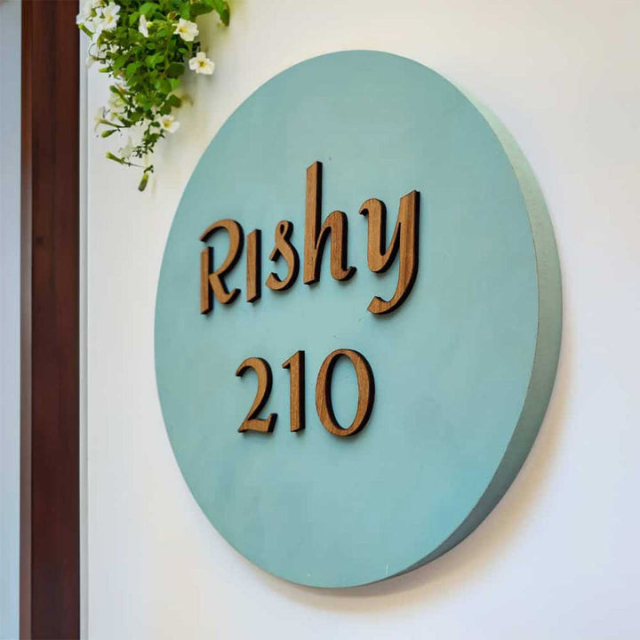 Personalized Minimal Blue Mdf Wood Name Plate - Side View Showing Depth