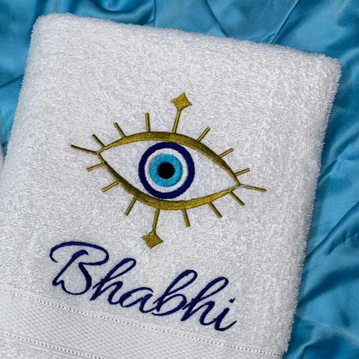 Personalized Embroidered Evil Eye Theme Cotton Bath Towel For Bhaiya And Bhabhi | Set Of 2