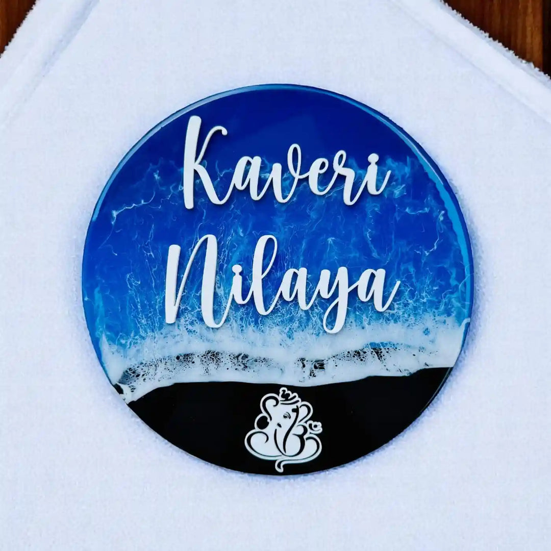 Blue Personalized Ocean Effect Round Resin Name Plate | With 3D Acrylic Letters