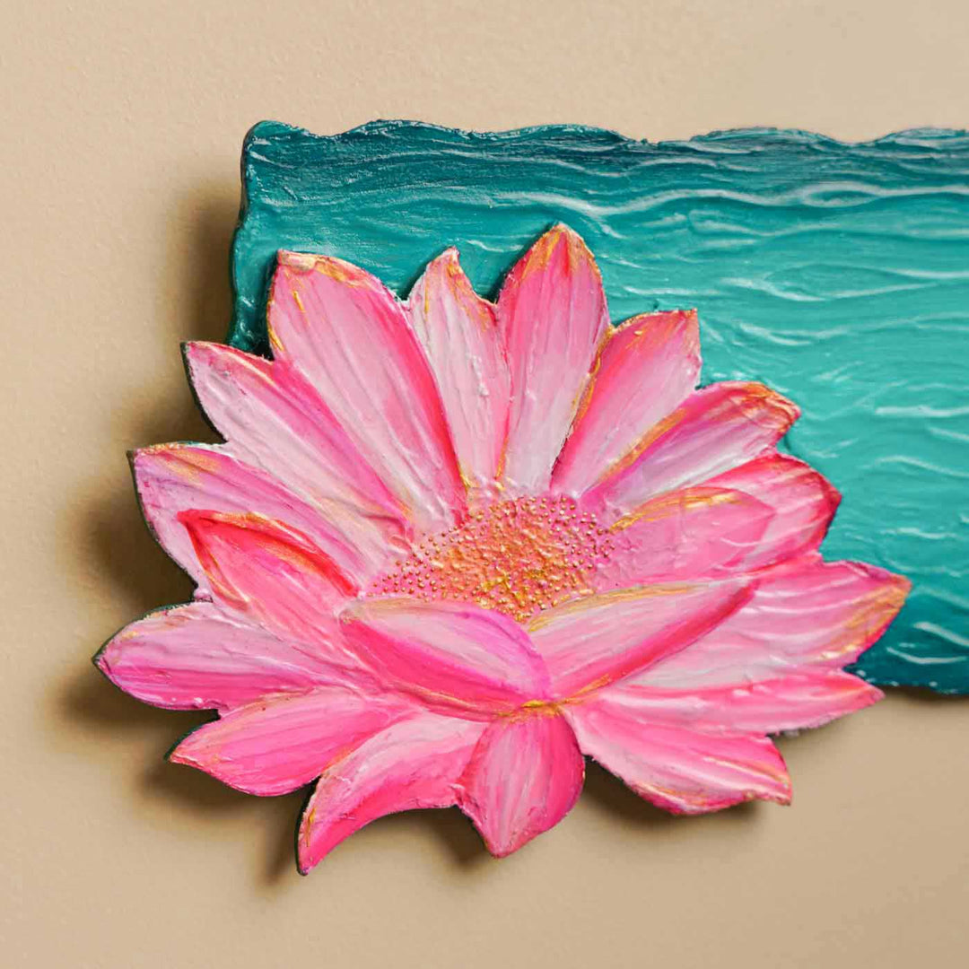 Personalized Lotus Theme Mdf Wood Name Plate - Close-up Showing Texture and Detail