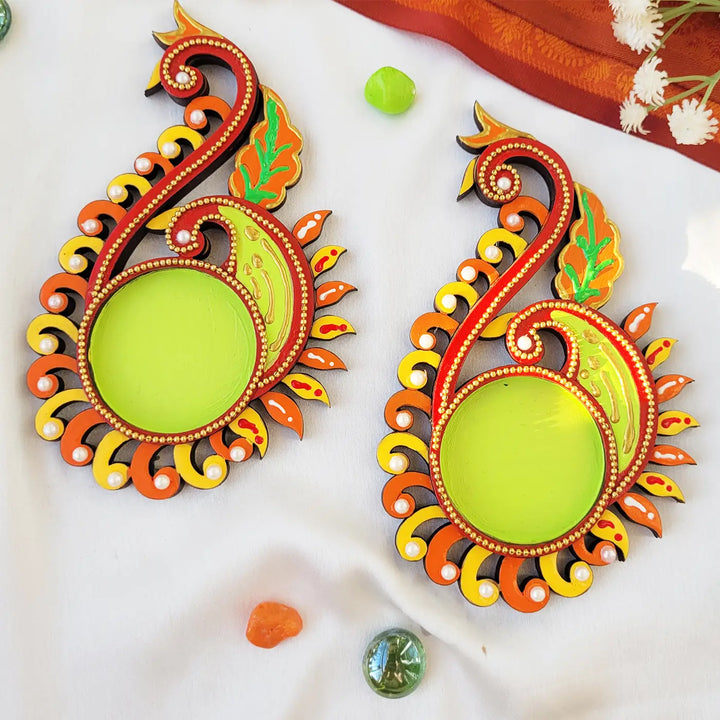 Hand-Painted Abhyudam Peacock MDF Wood Tealight Holder | Set Of 2