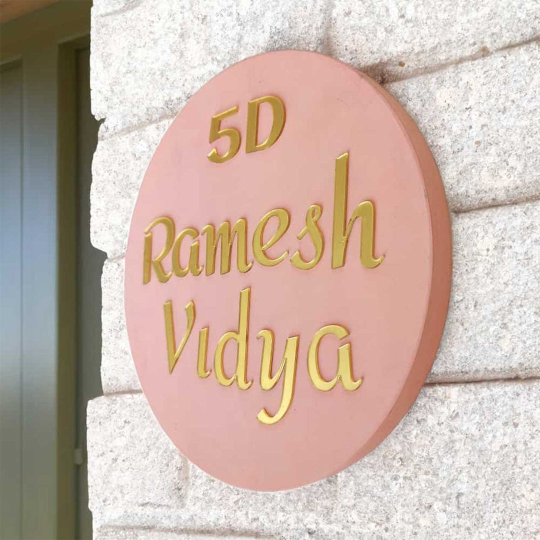 Personalized Minimal Peach Mdf Wood Name Plate - Mounted on Stone Wall Side Angle