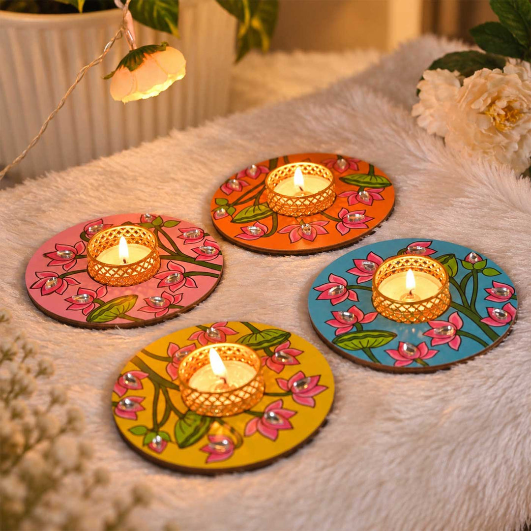 Set of 4 | Handcrafted Colourful Lotus Round Wooden Tealight Holders