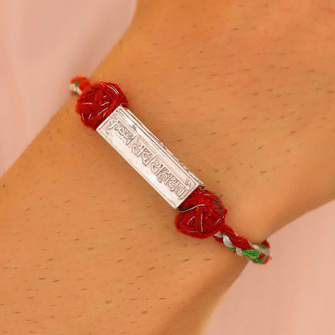 Handmade Krishna Mantra Design Religious Silver Rakhi For Brother - Styled on Wrist