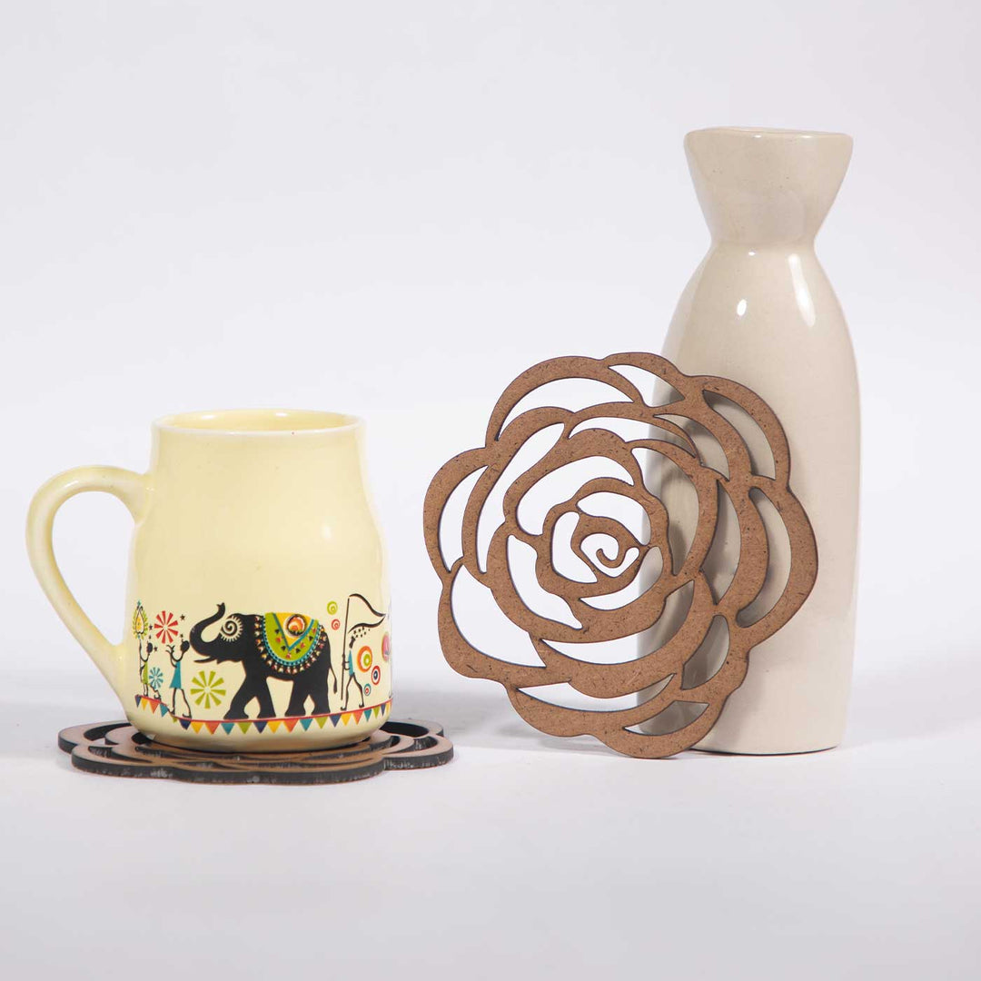 Rose Bloom MDF Laser-Cut Sleek & Elegant Coaster Set | Set of 6