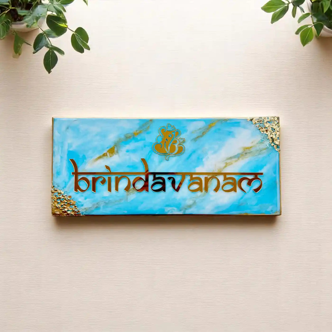 Blue Personalized Marble Effect Rectangle Resin Name Plate | With 3D Acrylic Letters & Gold Stone Embellishment