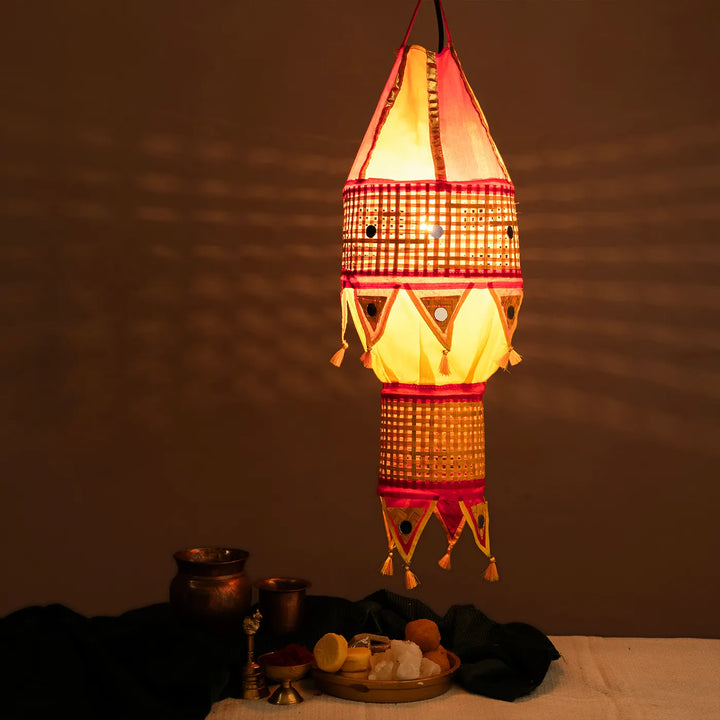Red & Yellow  Handmade Woven Bamboo Hanging Kandil / Lampshade