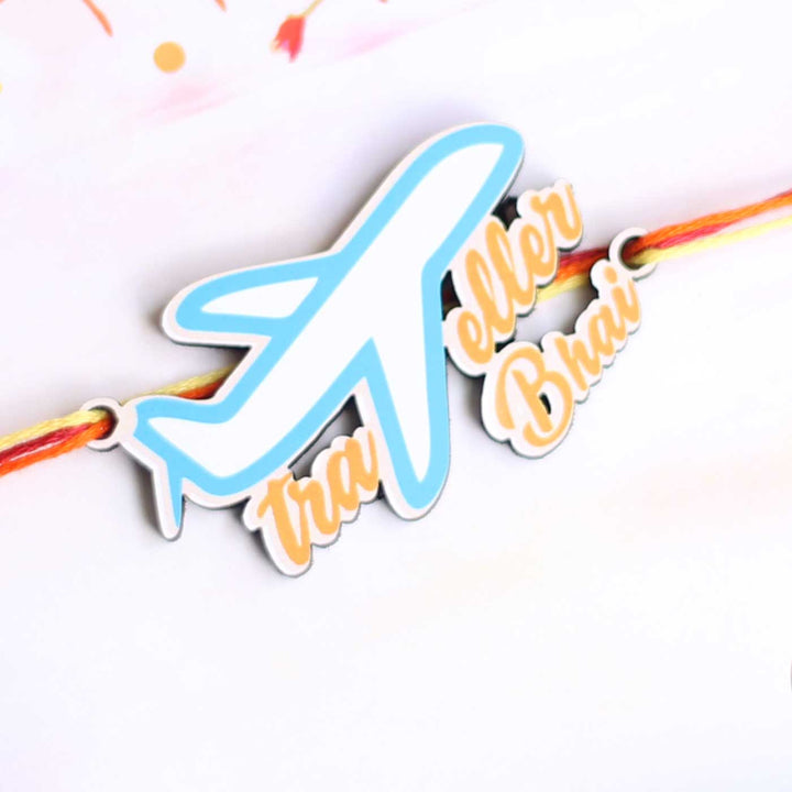 Handmade Traveller Bhai Magnet Wooden Rakhi With Roli Chawal For Brother - Close-up of Rakhi Band