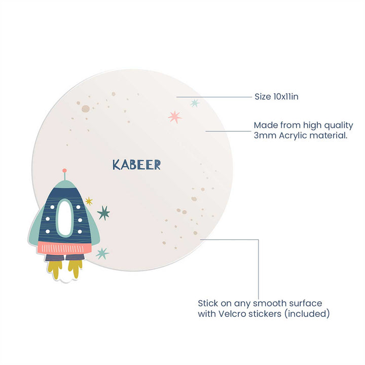 Personalized Space Explorer Theme Acrylic Kids Name Plate - Personalization and Size Diagram