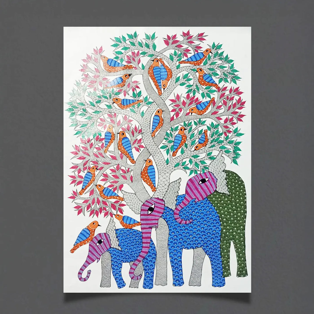 24 x 36 Inch | Elephant & Bird | Original Hand Painted Tribal Gond Art Painting | Acrylic Paint On Canvas