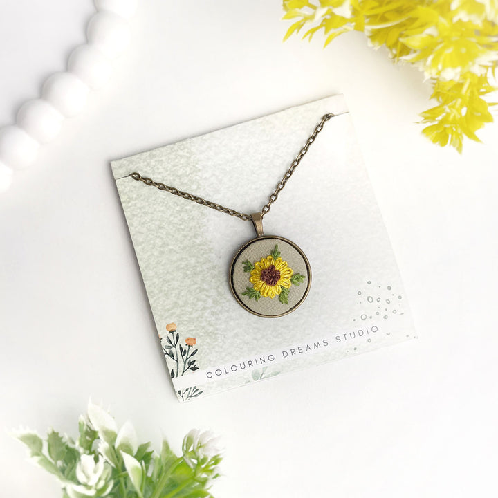 Hand Embroidered Sunflower Vow Antique Finish Necklace