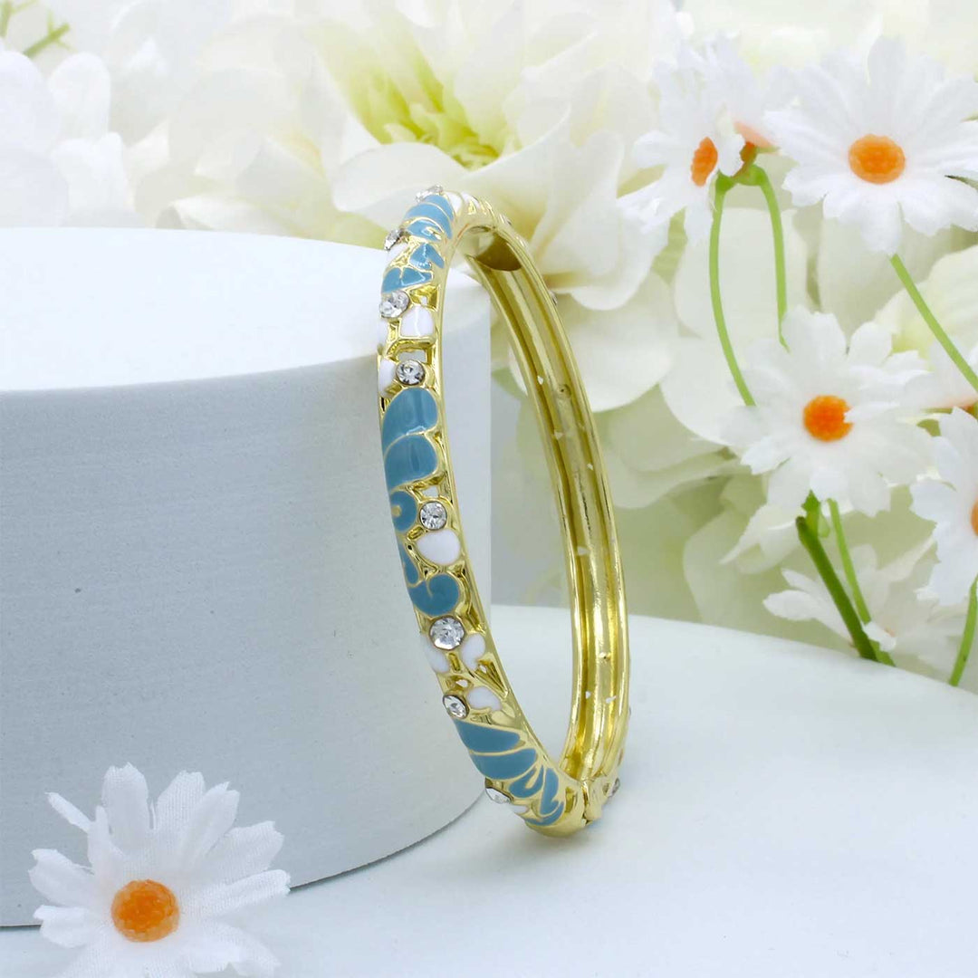 Handcrafted Floral Enamel Crystal Studded 18K Gold Plated Stainless Steel Openable Bangle - Steel Blue