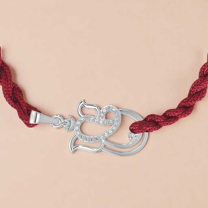 Handmade Ganesha Design Religious Silver Rakhi For Brother - Detailed close-up of pendant on bracelet