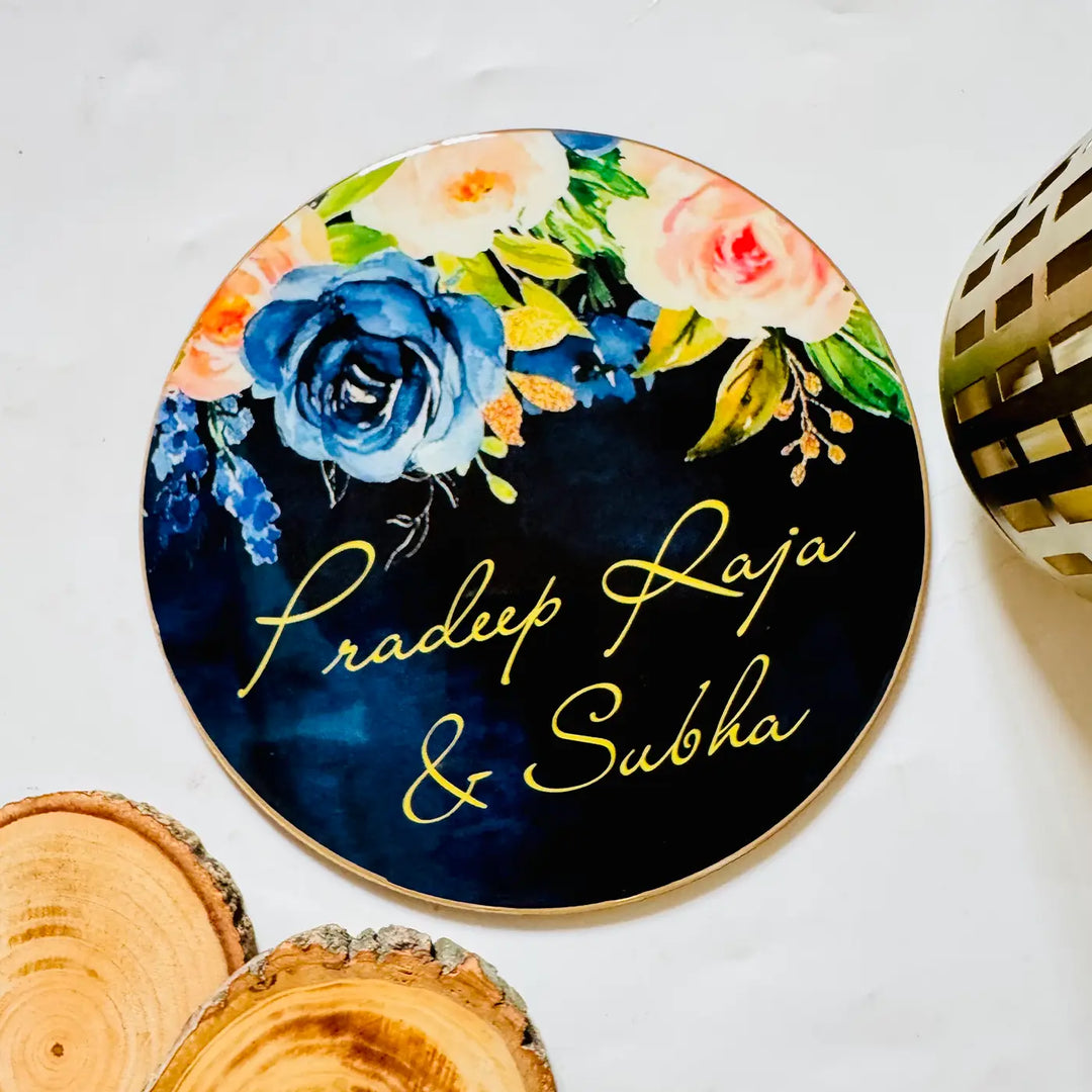 Black Floral Personalized Printed Round Resin Name Plate