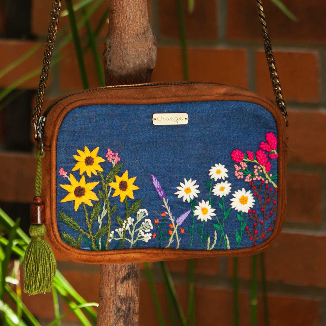 Personalized Embroidered Garden Denim Vegan Suede Sling Bag