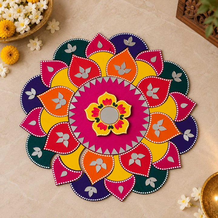 15 Inch | Reusable Gulabi Pushpa Mirror Work Floral Mandala MDF Rangoli with Optional Tealight Holders
