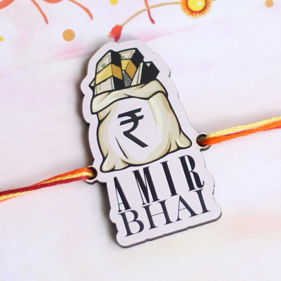 Handmade Amir Bhai Magnet Wooden Rakhi With Roli Chawal For Brother - Close-up of Rakhi Design