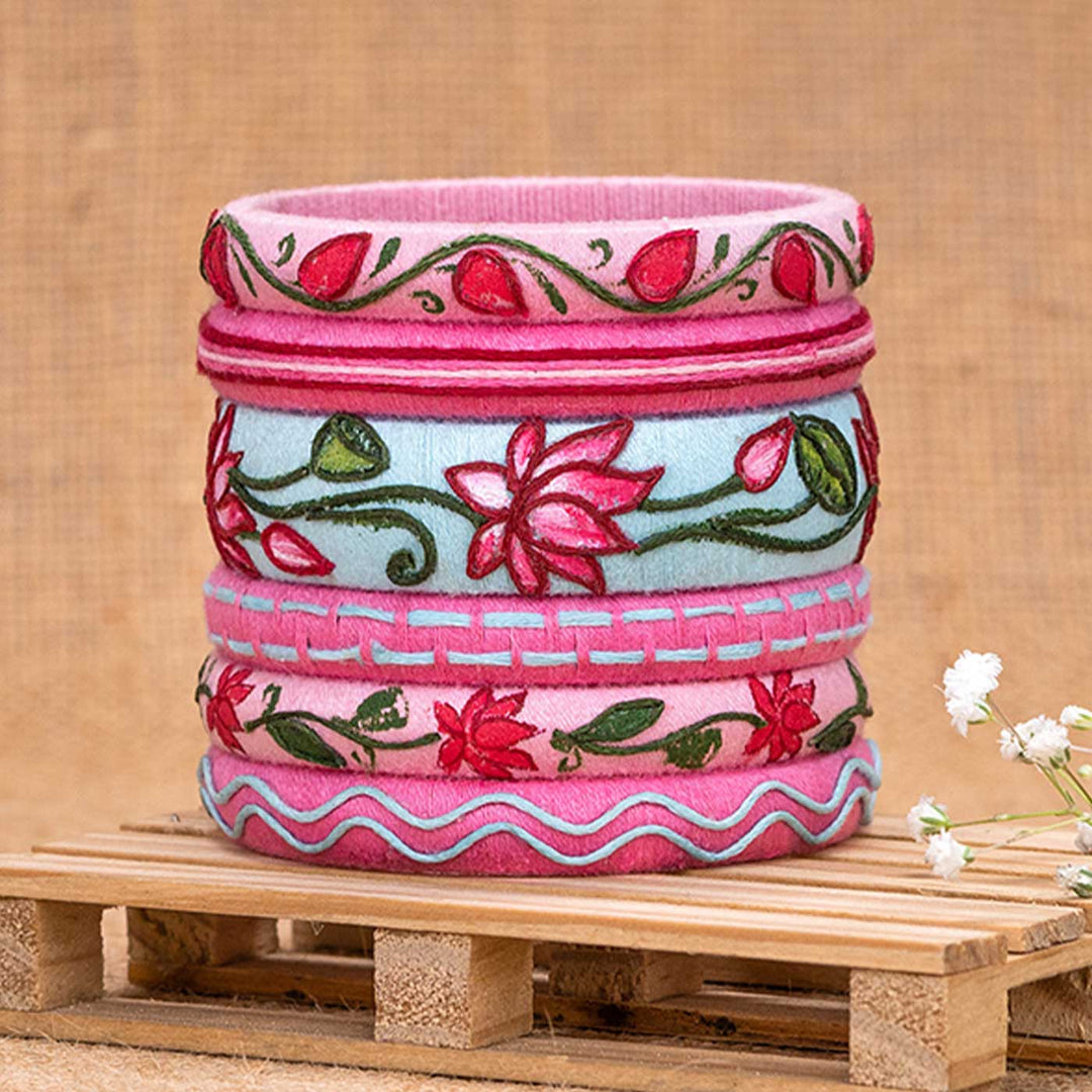 Blue & Pink Handcrafted Lotus Bangles | Set of 6