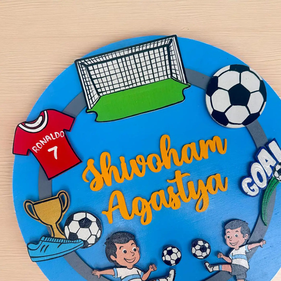 Personalized Football Theme MDF Wood Kids Name Plate For Siblings