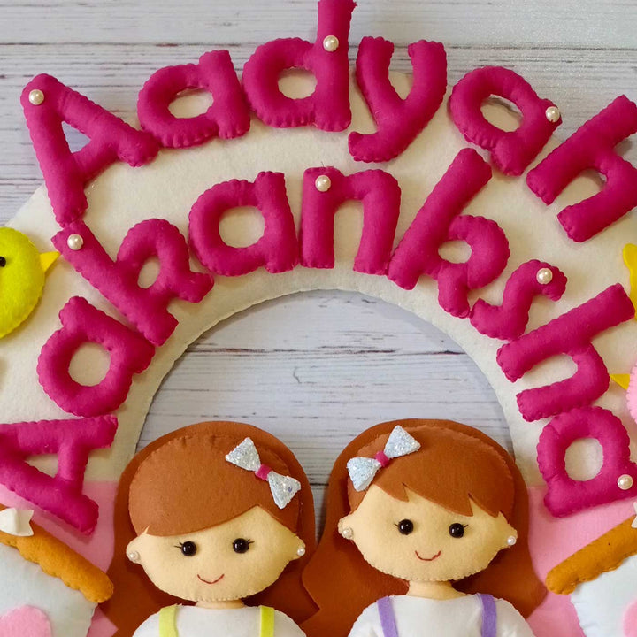 Personalized Sisters On Swing Theme Felt Kids Name Plate For Siblings - Partial Top View with Text and Dolls