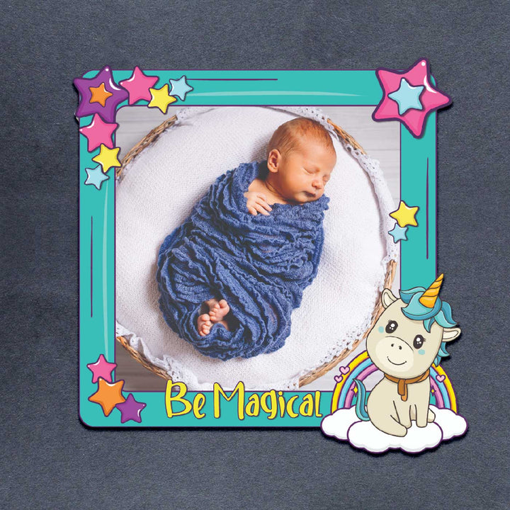 Photo Personalized Blue Unicorn Theme Wooden Fridge Magnet
