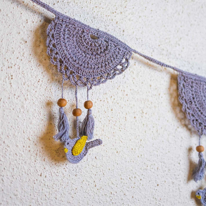 Handmade Crochet Grey Tassel Boho Cotton Bunting - Close-up Hanging on Wall Display