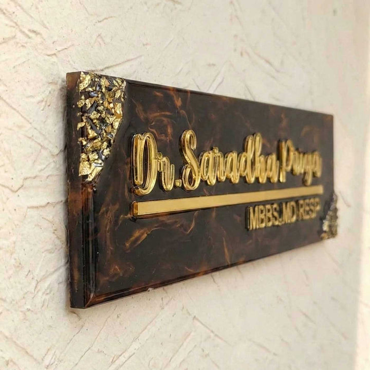Black & Gold Personalized Marble Effect Rectangle Resin Name Plate | With 3D Acrylic Letters & Gold Stone Embellishment