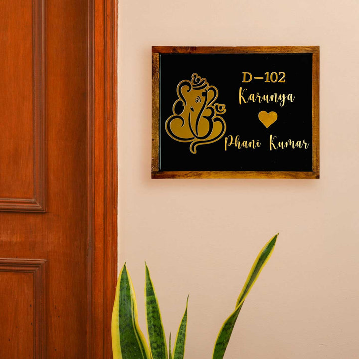 Personalized Ganesha Theme Resin Name Plate With Teak Wood Border For Couples - Mounted on Entryway Wall (5)
