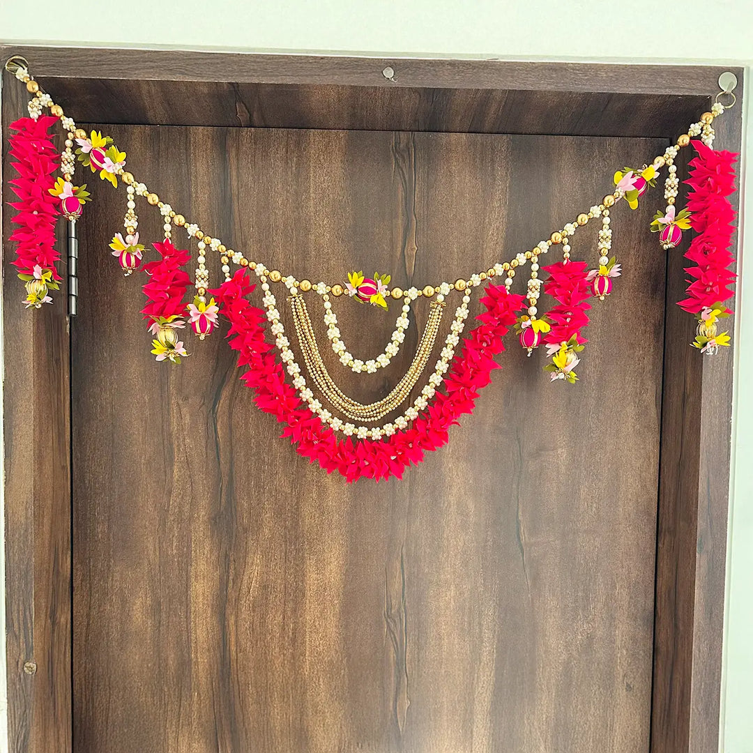 40 / 44 In | Handmade Beaded Rani Pink Gajra With Moti Toran