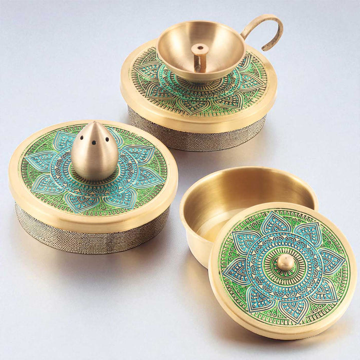 Hand-Painted Vrinda Brass Gift Hamper | Includes 1 Diya, 1 Incense Holder, 2 Containers And 1 Gift Box