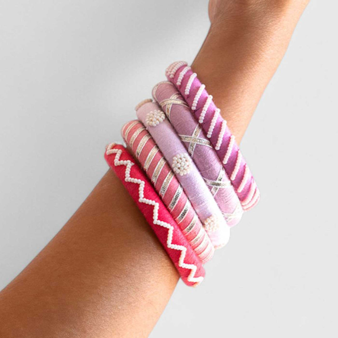 Pastel Handcrafted Small Beads & Silver Gotta Patti Bangles | Set of 5