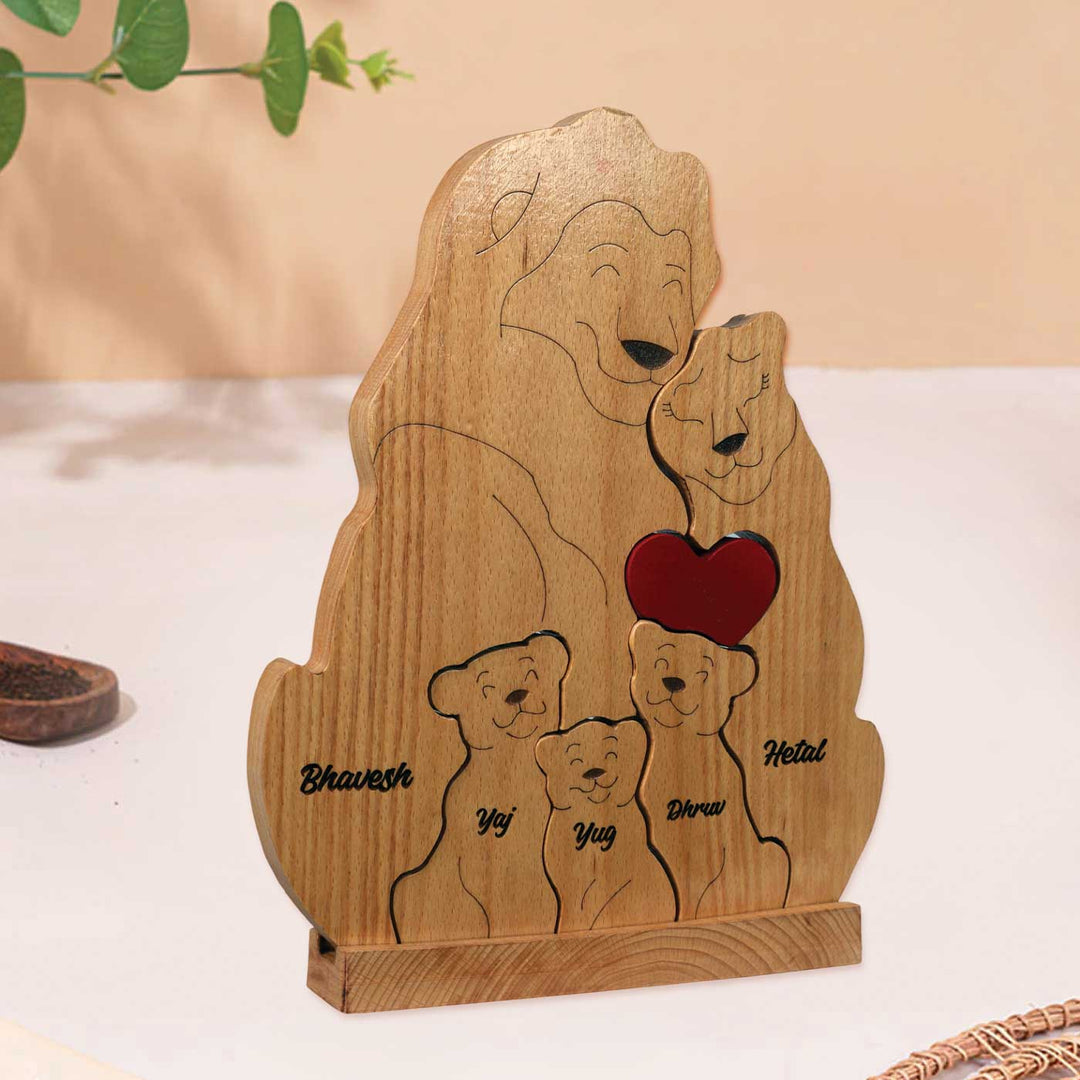 Personalized Lion Family Of 5 Wooden Figurine
