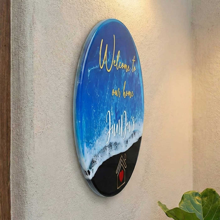 Dark Blue Personalized Ocean Effect Round Resin Name Plate | With 3D Acrylic Letters & House Symbol