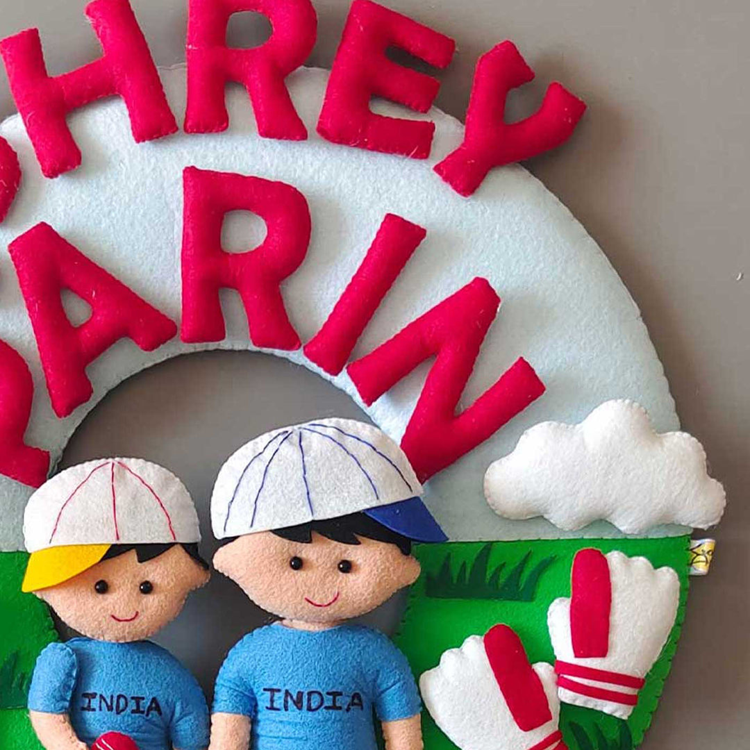 Personalized Soprts Theme Felt Kids Name Plate For Siblings - Close-up of Personalized Lettering