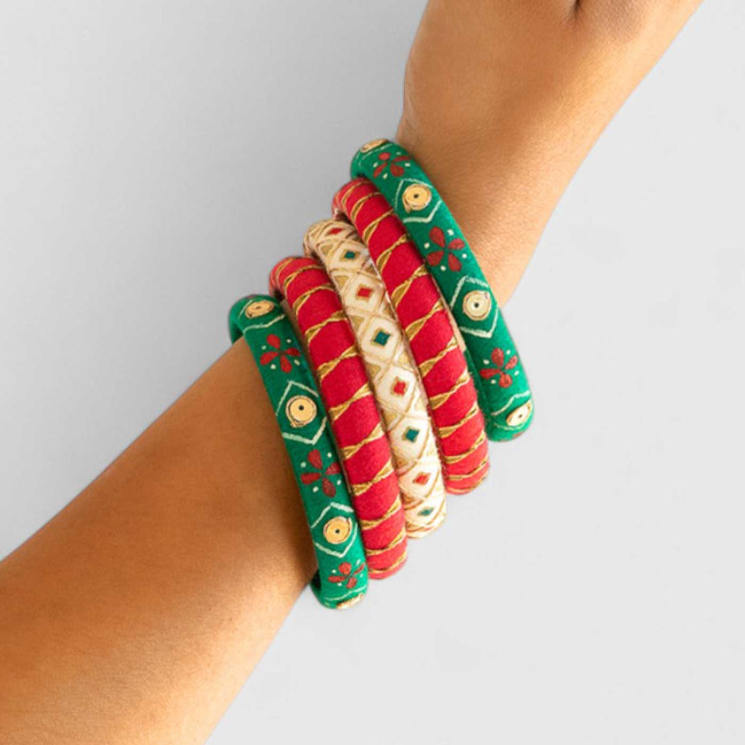 Red, Green & White Handcrafted Gotta Patti Bangles | Set of 5