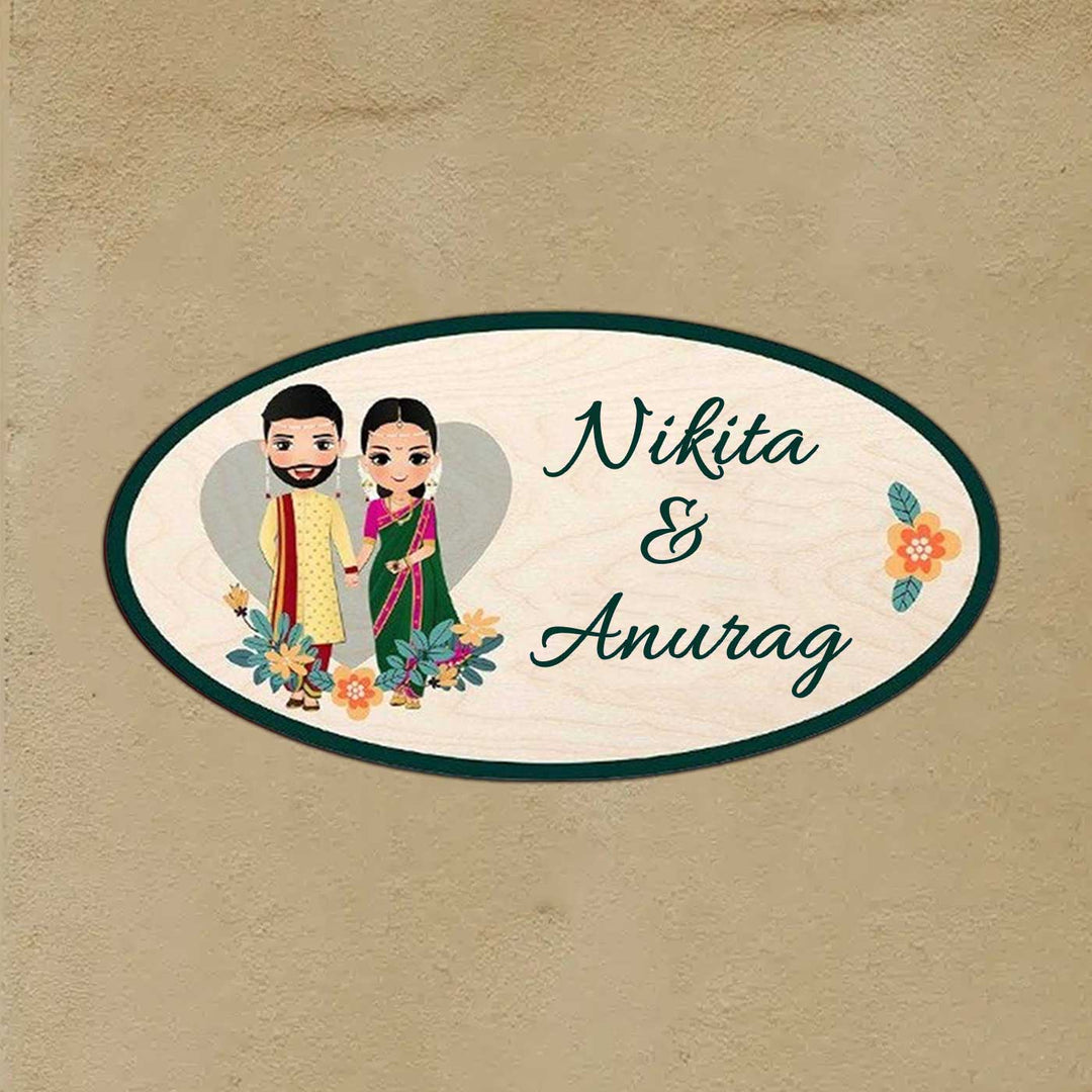 Printed Wooden Oval Marathi Couple Nameplate For Couples - Mounted on Outdoor Wall