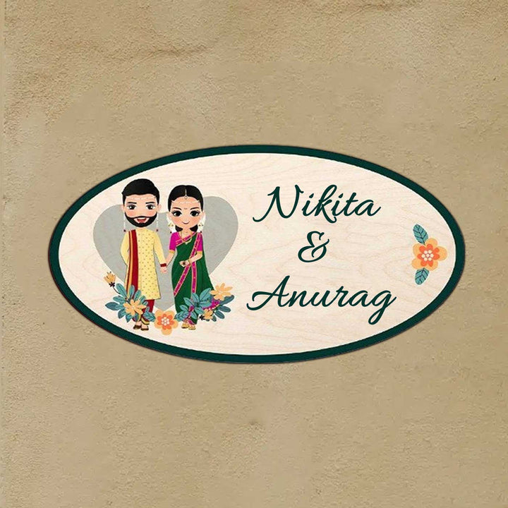 Printed Wooden Oval Marathi Couple Nameplate For Couples - Mounted on Outdoor Wall