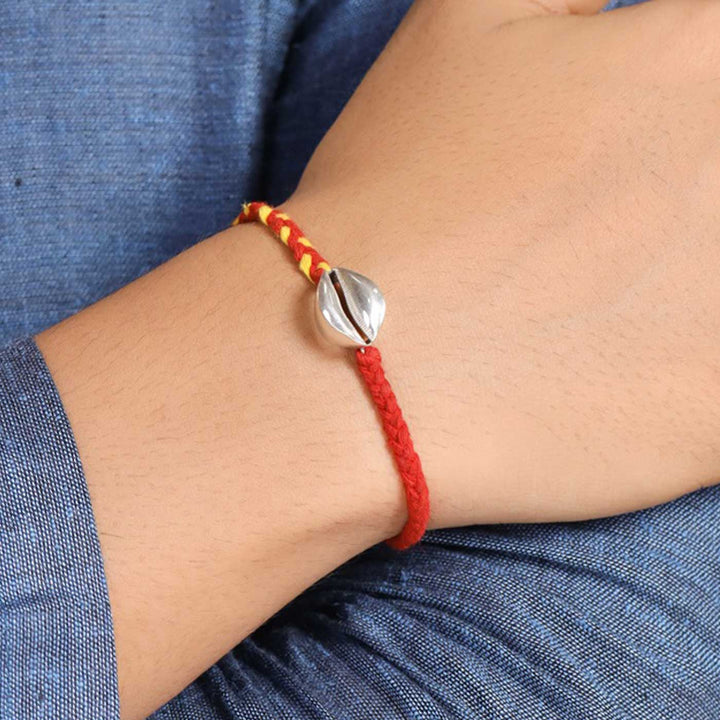 Handmade Shell Design Silver Rakhi For Brother - Bracelet Worn on Wrist