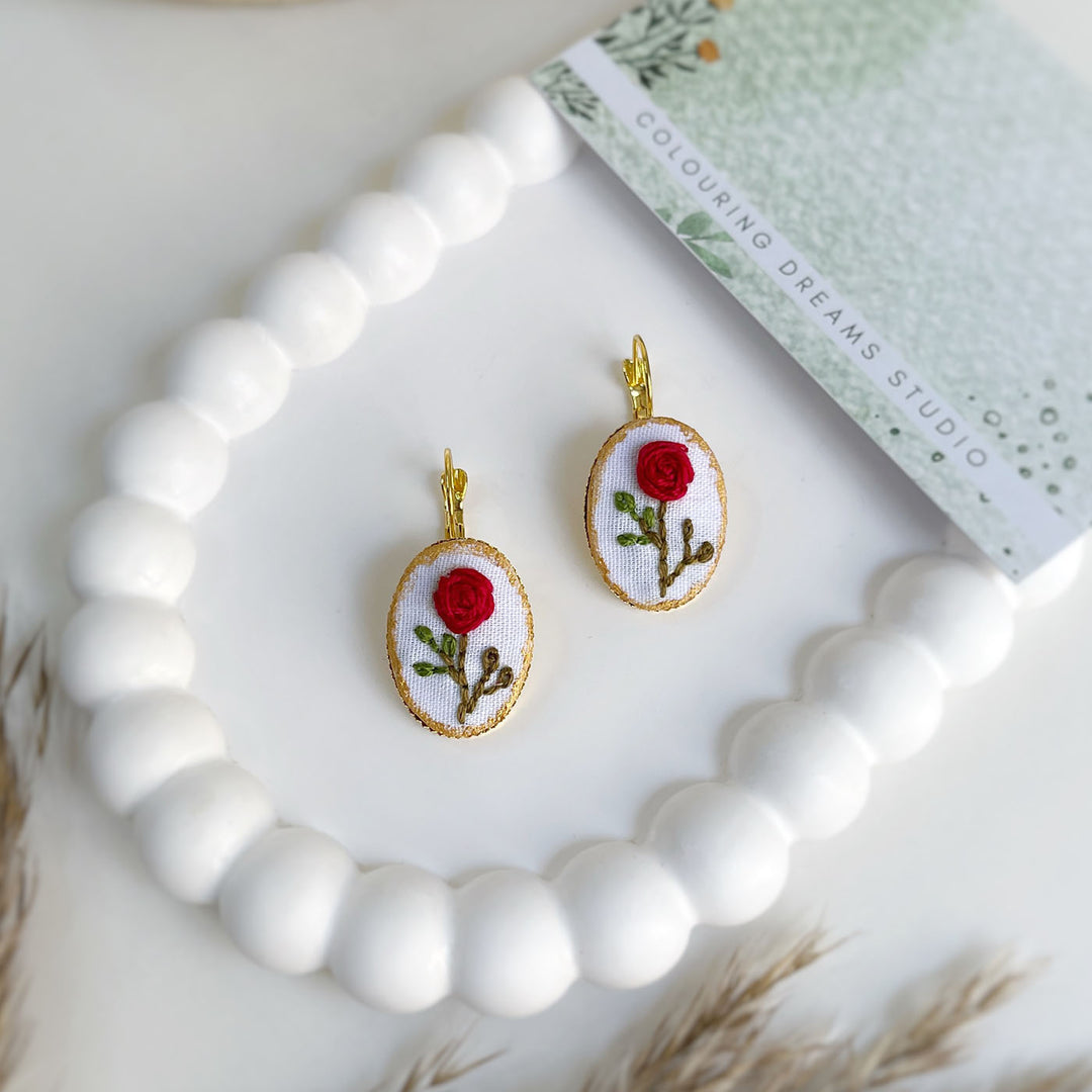 Hand Embroidered Rosette Blooms Golden Tone Earrings