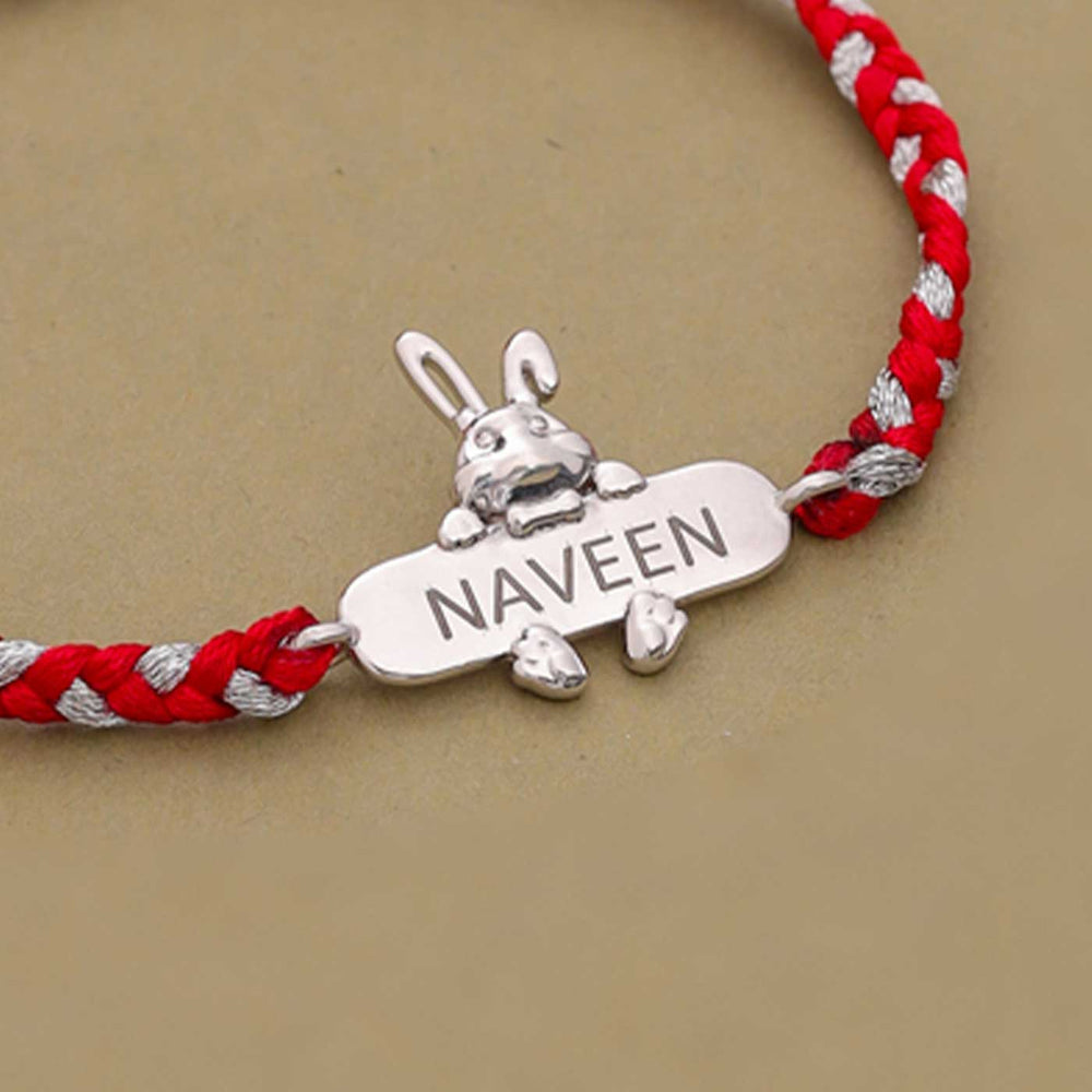 Personalized Handmade Bunny Design Silver Kids Rakhi - Engraving Close-up