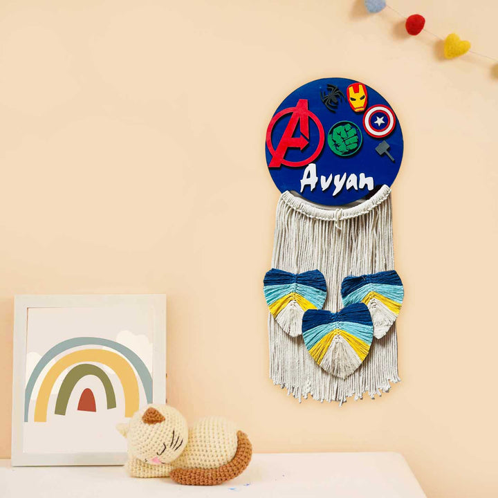 Personalized Hand Painted Superhero Themed With Tassels Mdf Wood Kids Name Plate - Wall Hanging Display with Name Personalization