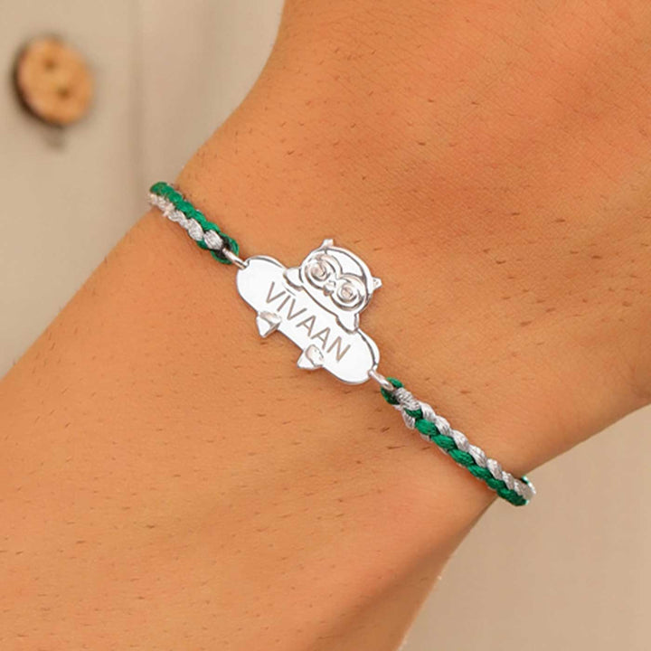 Personalized Handmade Owl Design Silver Kids Rakhi - Worn on Wrist View