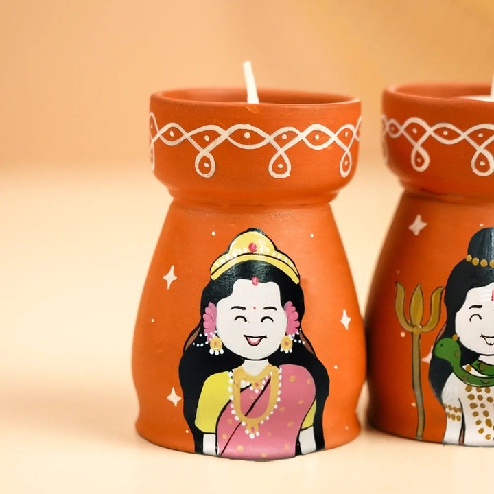Hand-Painted Shiv Parvati Terracotta Tealight Holder | Set Of 2