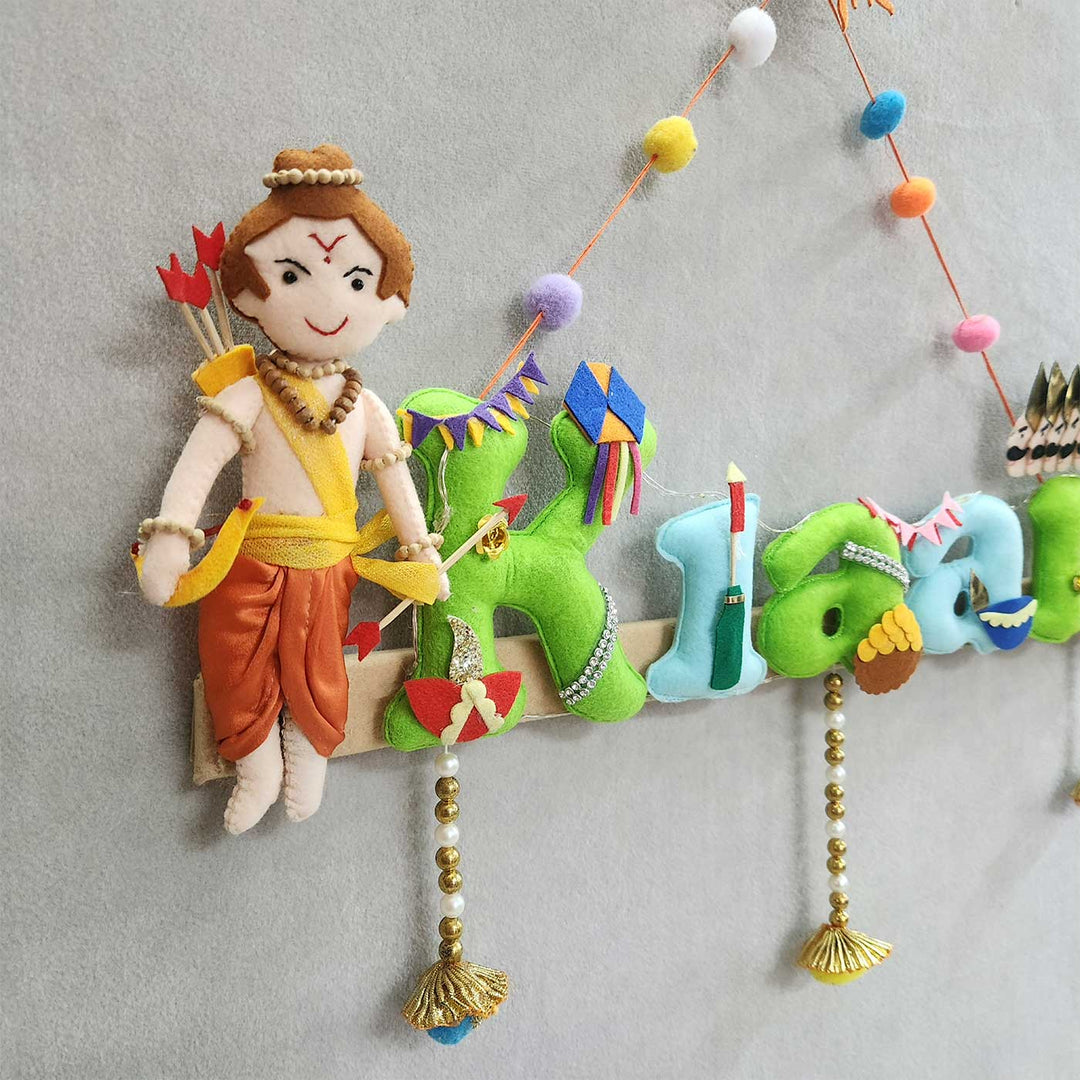 Personalized Shri Ram Ji And Ravan Theme Felt Kids Name Plate - Hanging Decor Side Angle Showing Details