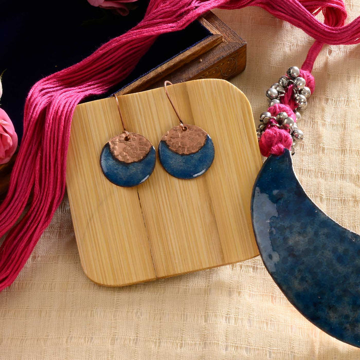 Handmade New Moon Shaped Ghungroo Copper Pendant With Earrings