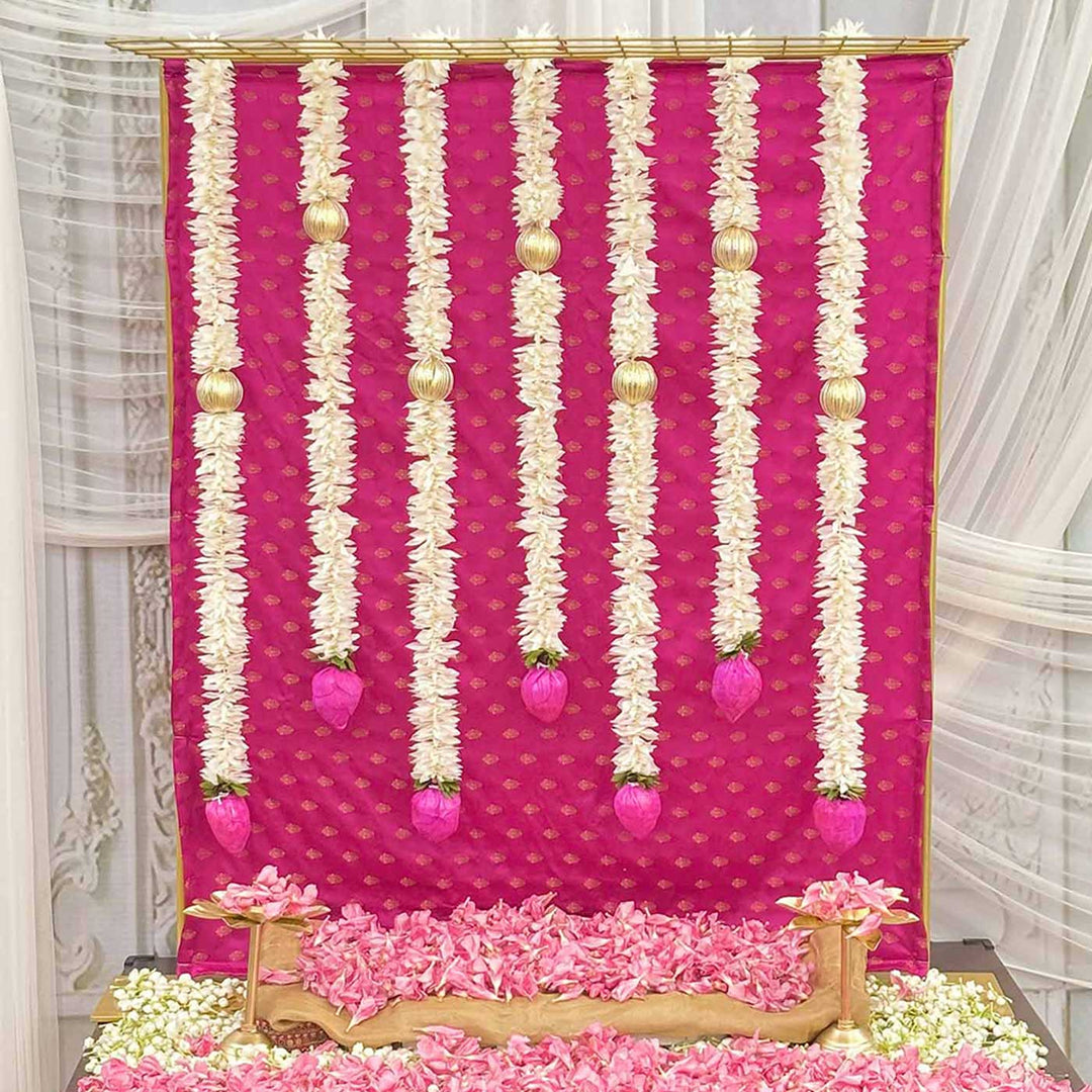 Pink Brocade Pooja Backdrop Decor Kit With Jaali Stand & Lotus Tassels
