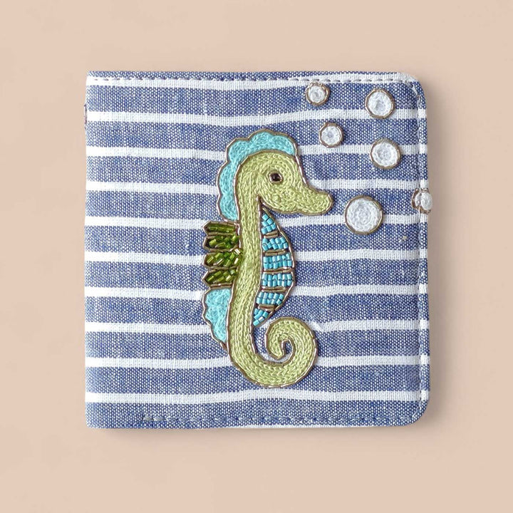 Handmade Embroidered Sea Horse Design Stripes Cotton Wallet