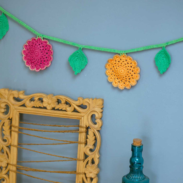 Handmade Crochet Flower Themed Cotton Bunting - Garland Hanging Across Wall