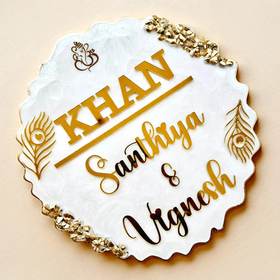 White Feather Personalized Marble Efffect Wavy Round Resin Name Plate | With 3D Acrylic Letters & Gold Stone Embellishment